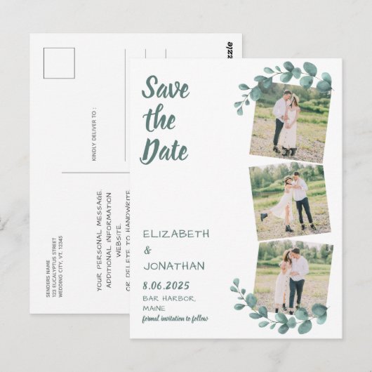カスタム3写真ユーカリ結婚式の日付を保存 ポストカード (正面/裏面)