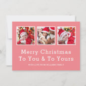カスタム3枚の写真ピンクのメリークリスマス シーズンカード (正面)