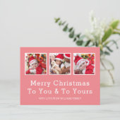 カスタム3枚の写真ピンクのメリークリスマス シーズンカード (スタンド正面)