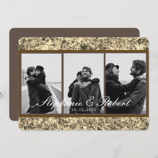 カスタム3枚の写真金ゴールドグリッター結婚抽象芸術 招待状 (正面/裏面)