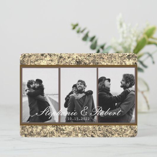 カスタム3枚の写真金ゴールドグリッター結婚抽象芸術 招待状 (スタンド正面)