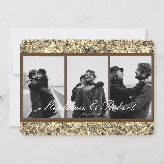 カスタム3枚の写真金ゴールドグリッター結婚抽象芸術 招待状 (正面)