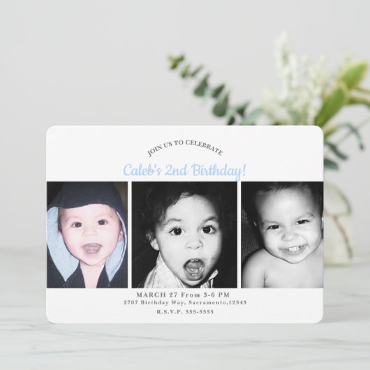 カスタム3枚パーソナライズされた写真フォトバースデーパーティー 招待状 (スタンド正面)