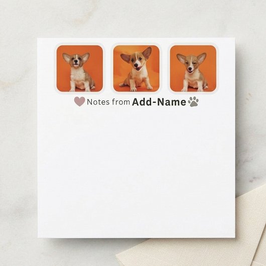 カスタム3枚フォトコラージュペットの犬の名前の写真をオンに ノートカード