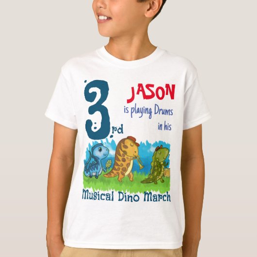 カスタム3歳の誕生日ミュージカルディノマーチTシャツ Tシャツ (正面)