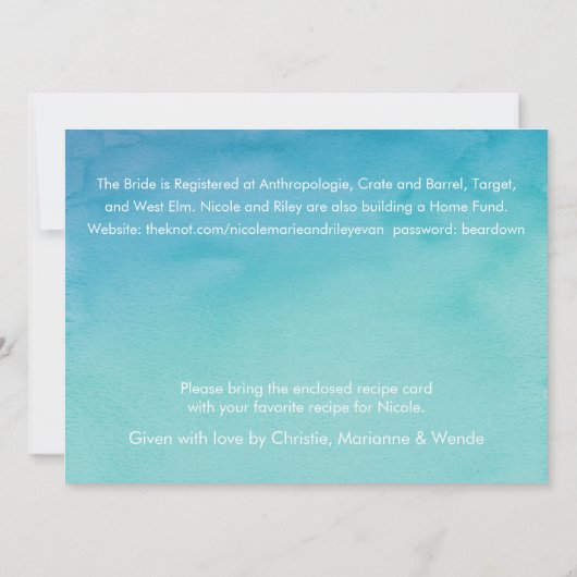 カスタム3青/ティール(緑がかった色)水グラデーション色ブライダルシャワー 招待状 (裏面)