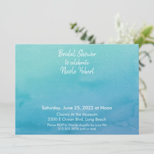 カスタム3青/ティール(緑がかった色)水グラデーション色ブライダルシャワー 招待状 (スタンド正面)