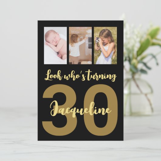 カスタム30歳の誕生日金ゴールドモダン写真コラージュ 招待状 (スタンド正面)