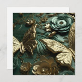 カスタム3D深いグリーンフラワーズ&金ゴールド蝶 (正面/裏面)