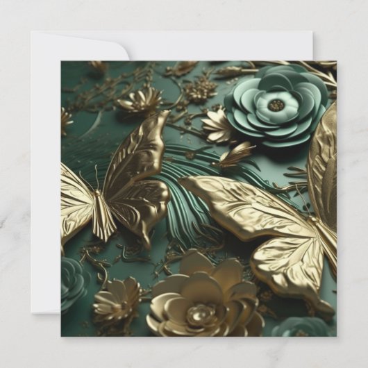 カスタム3D深いグリーンフラワーズ&金ゴールド蝶 (正面)