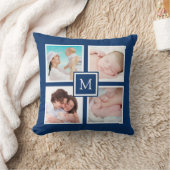 カスタム4フォトコラージモノグラムブルー クッション (ブランケット)