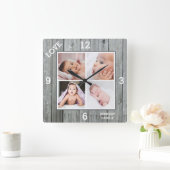カスタム4フォトコラージュグレーウッドファミリーラブ スクエア壁時計 (ホーム)