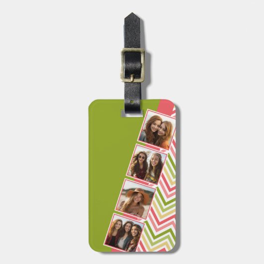 カスタム4フォトコラージュライムとコーラルシェフロン ラゲッジタグ (正面縦)