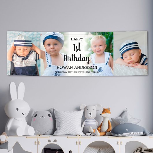 カスタム4フォトコラージュ子供パーティー1st誕生日 横断幕