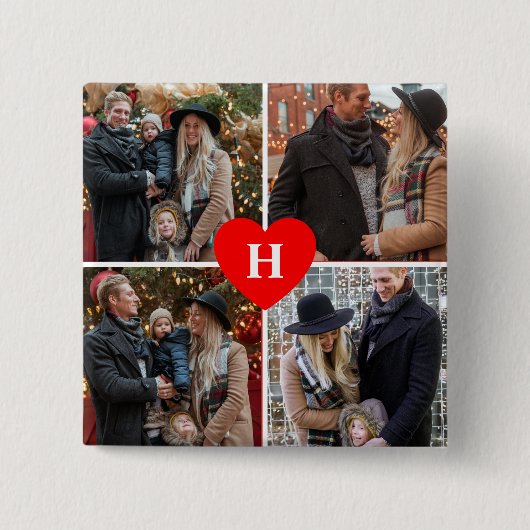カスタム4フォトコラージュ赤いハートモノグラムボタン 缶バッジ (正面)