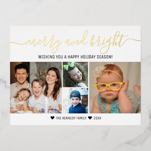 カスタム4フォトコラージュ金ゴールドメリークリスマス 箔シーズンポストカード (正面)