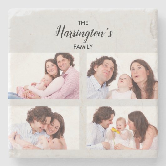 カスタム4家族の写真コラージュ四角形フレーム ストーンコースター (正面)