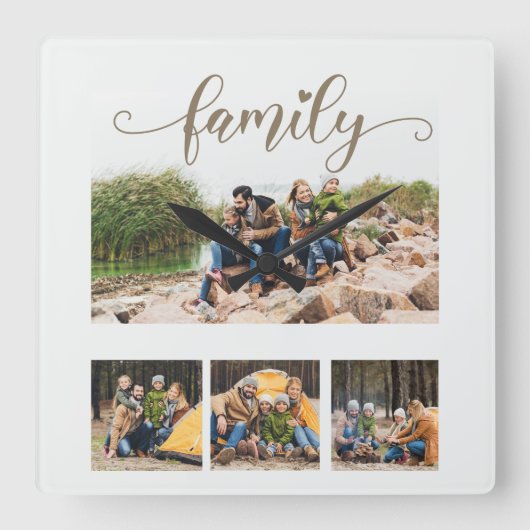 カスタム4家族フォトコラージュかわいいスクリプト文字 スクエア壁時計 (正面)