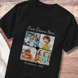 カスタム4枚の写真入りファミリーネーム Love Grows Here 引用符 Tシャツ