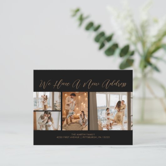 カスタム4枚の写真金ゴールド黒のスクリプカジュアルト移動 ポストカード (スタンド正面)