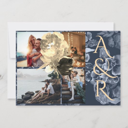 カスタム4枚ネイビーブルーゴールデンフローラ結婚ズ 招待状 (正面)