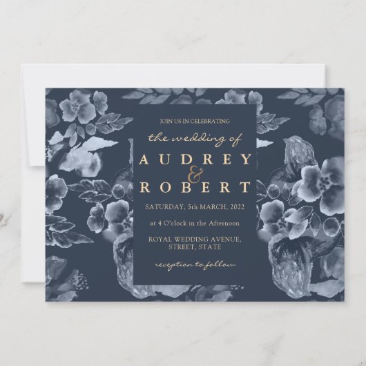 カスタム4枚ネイビーブルーゴールデンフローラ結婚ズ 招待状 (裏面)