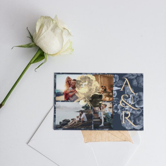 カスタム4枚ネイビーブルーゴールデンフローラ結婚ズ 招待状