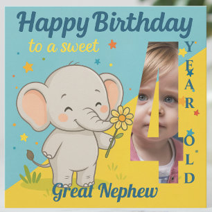カスタム4歳の誕生日ゾウ あなたの写真入りグリーティングカード カード