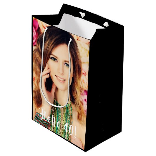 カスタム40歳の誕生日写真ハロー40 40 ミディアムペーパーバッグ (正面アングル)