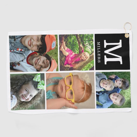 カスタム5フォトコラージュのファミリー名モノグラムの前 ゴルフタオル (横)