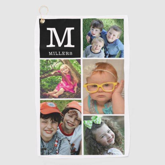 カスタム5フォトコラージュのファミリー名モノグラムの前 ゴルフタオル (正面)