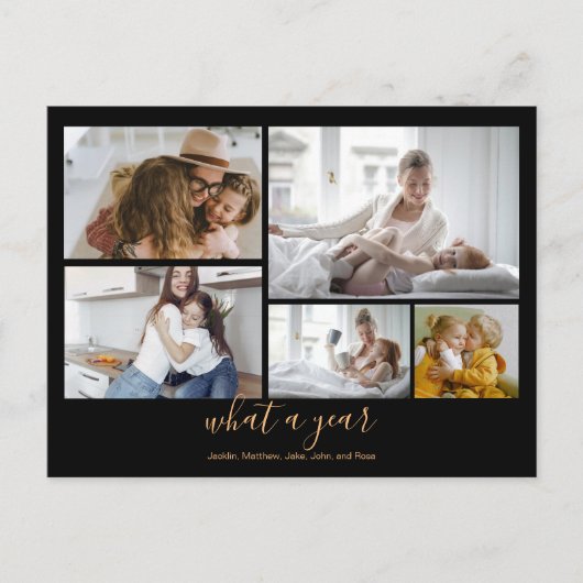 カスタム5写真ブラック金ゴールドタイポグラフィホリデー ポストカード (正面)