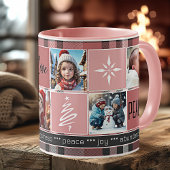 カスタム5枚の写真スイートピンクの格子模様クリスマス コーヒーマグカップ