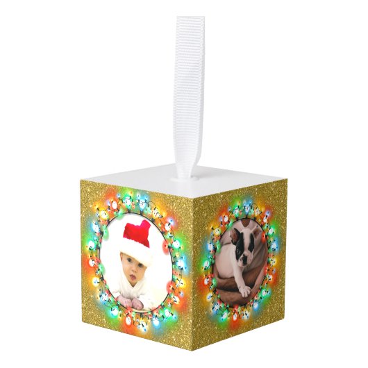 カスタム5枚の写真金ゴールドの輝き キューブオーナメント (正面アングル)