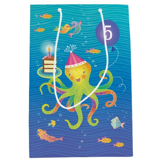 カスタム5青、ターコイズ、タコ抱き枕 ミディアムペーパーバッグ (正面)