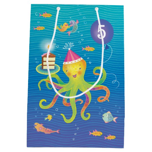 カスタム5青、ターコイズ、タコ抱き枕 ミディアムペーパーバッグ (裏面)