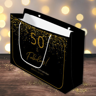 カスタム50ファブラス誕生日金ゴールドブラックグリッター ラージペーパーバッグ