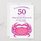 カスタム50歳の誕生日を祝う鮮やかなピンクのカニ Seafood Pun 招待状 (正面)