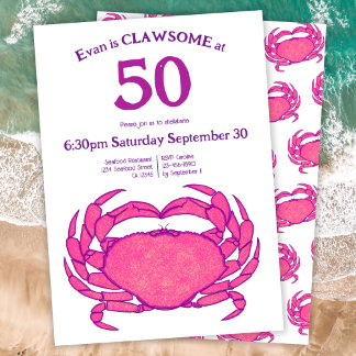 カスタム50歳の誕生日を祝う鮮やかなピンクのカニ Seafood Pun 招待状