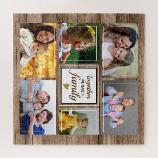 カスタム6フォトコラージュファミリー引用文素朴ウッド ジグソーパズル (横)