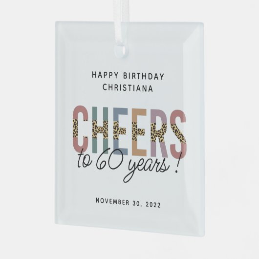 カスタム60モダン番目誕生日レオパードタイポグラフィ ガラスオーナメント (正面左)