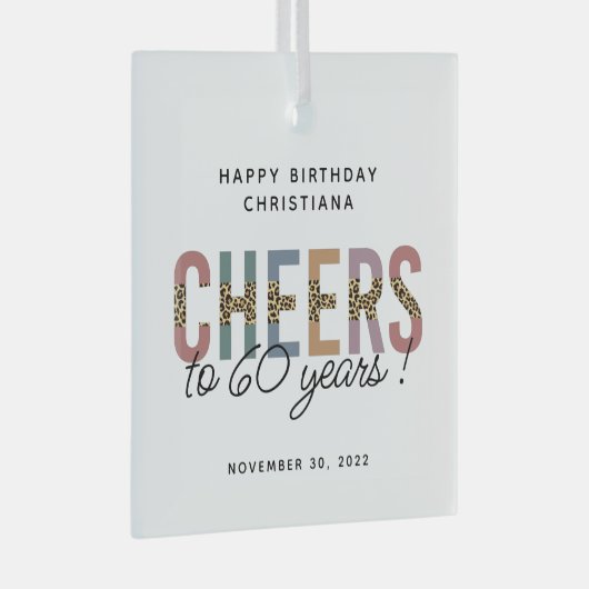 カスタム60モダン番目誕生日レオパードタイポグラフィ ガラスオーナメント (正面右)