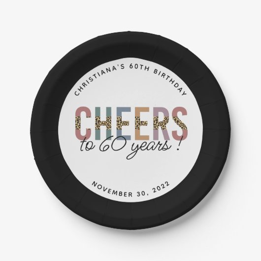 カスタム60モダン番目誕生日レオパードタイポグラフィ ペーパープレート (正面)