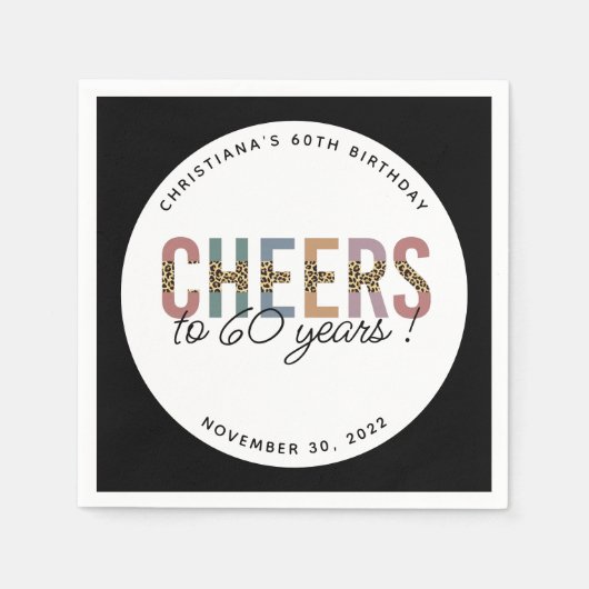 カスタム60thモダン誕生日パーティーレオパード・プリント スタンダードカクテルナプキン (正面)