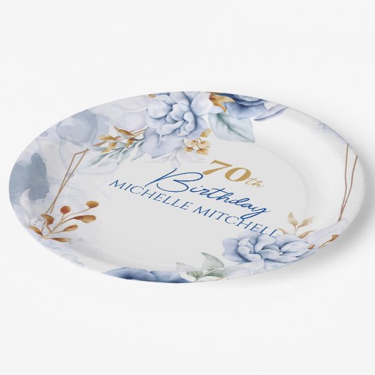 カスタム70th誕生日ブルー金ゴールド ペーパープレート (アングル)