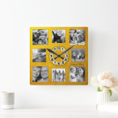 カスタム8フォトコラージュゴールデンレトロファミリ/金ゴールド スクエア壁時計 (ホーム)