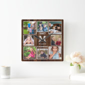 カスタム8フォトコラージュファミリーモノグラムブラウンウッド スクエア壁時計 (ホーム)