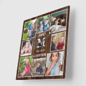 カスタム8フォトコラージュファミリーモノグラムブラウンウッド スクエア壁時計 (傾斜)