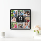 カスタム8フォトコラージュファミリーモノグラムブラック スクエア壁時計 (ホーム)