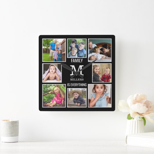 カスタム8フォトコラージュファミリーモノグラムブラック スクエア壁時計 (ホーム)